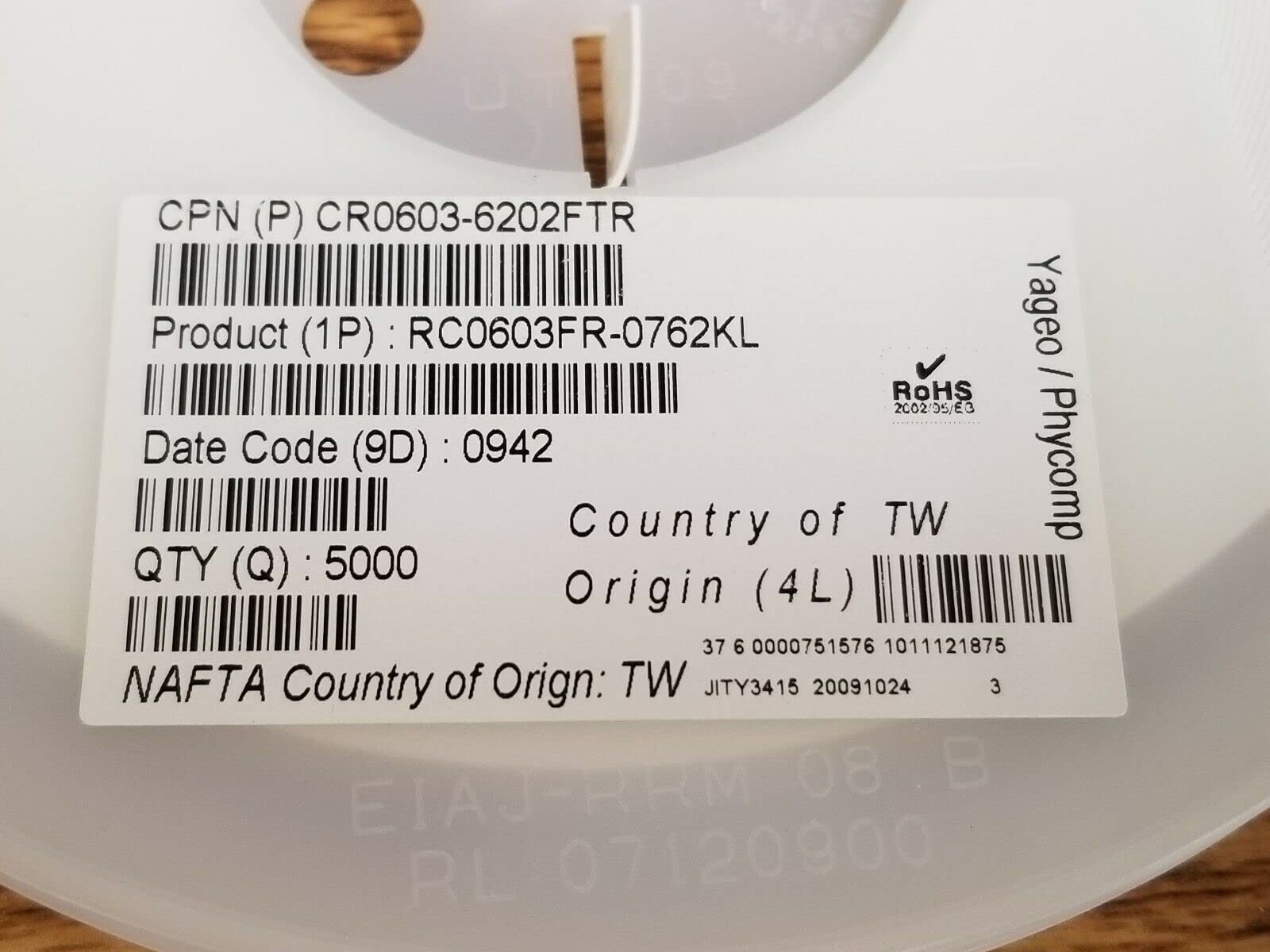 5K Reel - RC0603FR-0762KL, Yageo, Thick Film Resistors, US Stock*