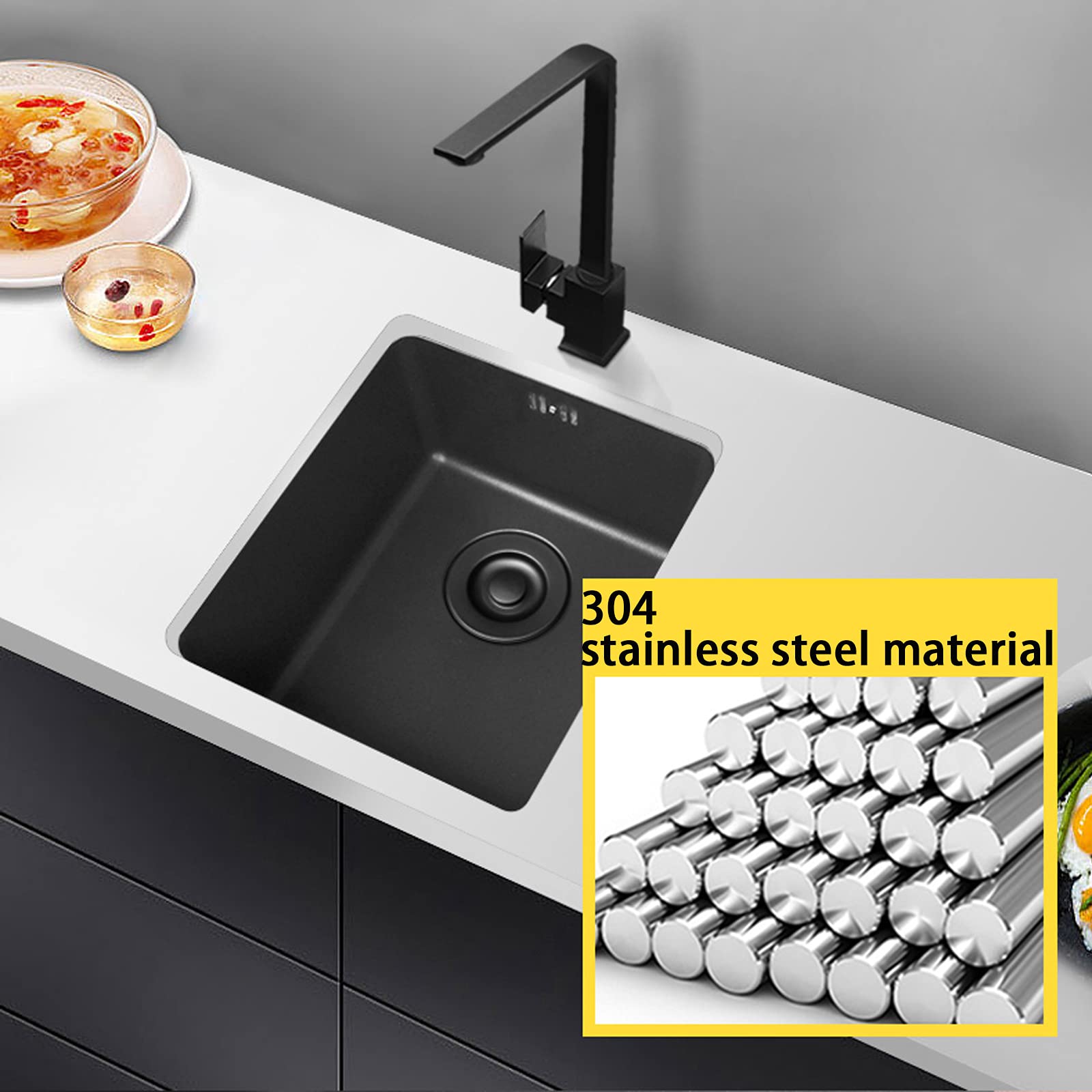 Lavello da Cucina Mono Vasca ad Incasso o da Appoggio, Materiale in Acciaio 304 con Set di Scarico ​e Filtro Anti Otturamento Inclusi, Colore Nero 34 * 38 cm