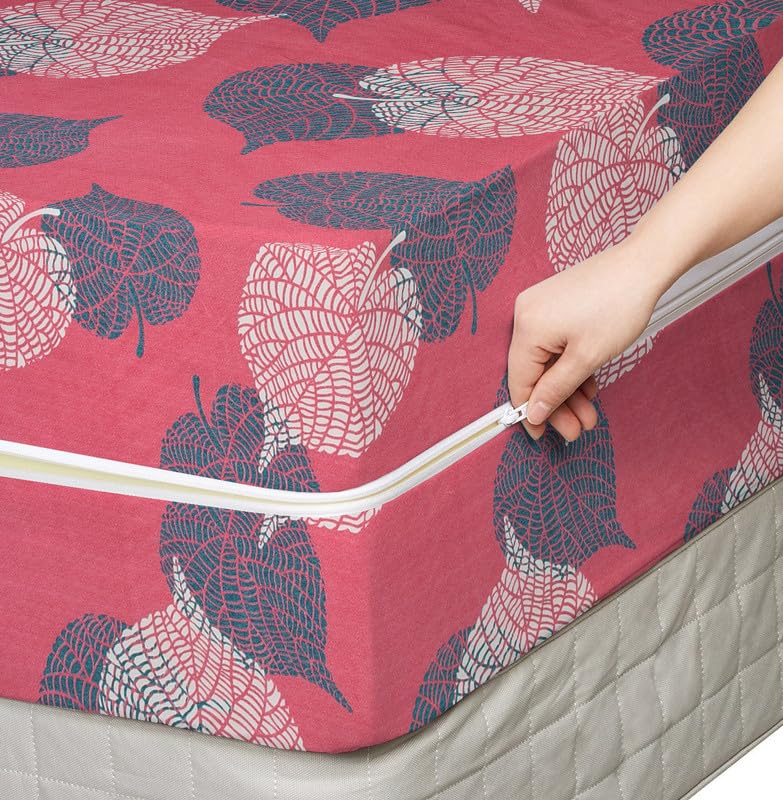 Image of HOMEKART Cotton Floral Printed Double Mattress Protector /Cover with Zipper Chain| All Around Protection with 360 Encasing| Breathable & Dustproof, 78x72x6 Inches -Pink