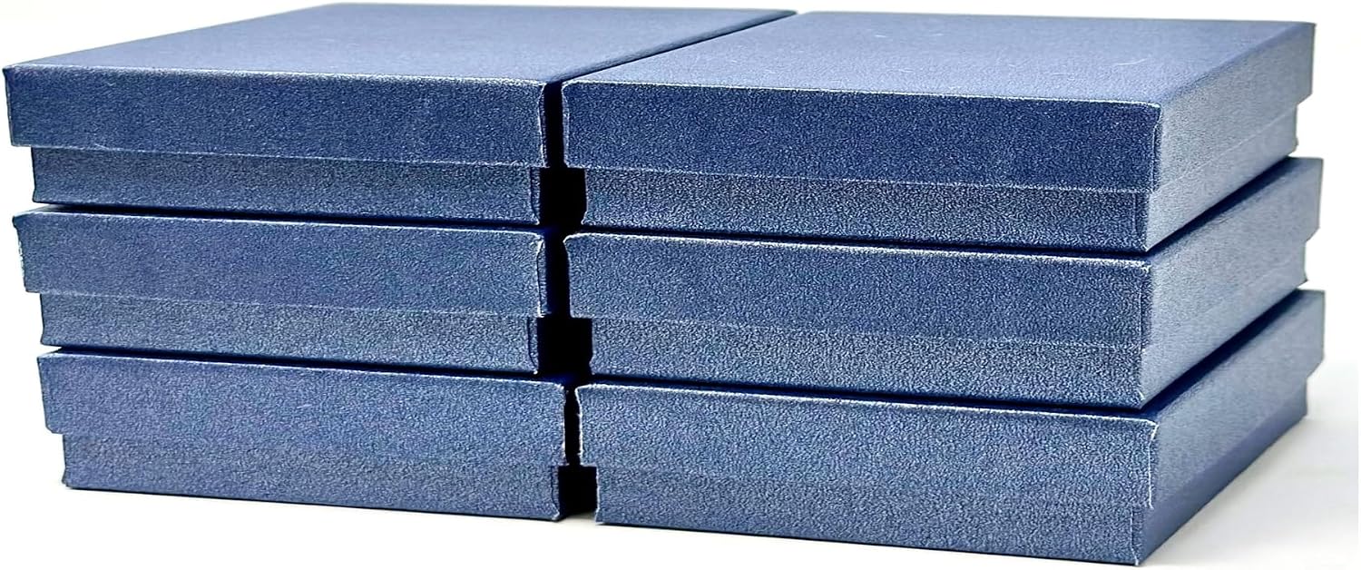 RJ Displays 6 Pack Cotton Filled Pearl Blue Color Cardboard Jewelry Boxes for Necklace, Bracelet boxes, Watch & Small Gifts box, Jewelry Gift Boxes Size 3 1/2" x 3 1/2" x 1" Inch - (Pearl Blue)
