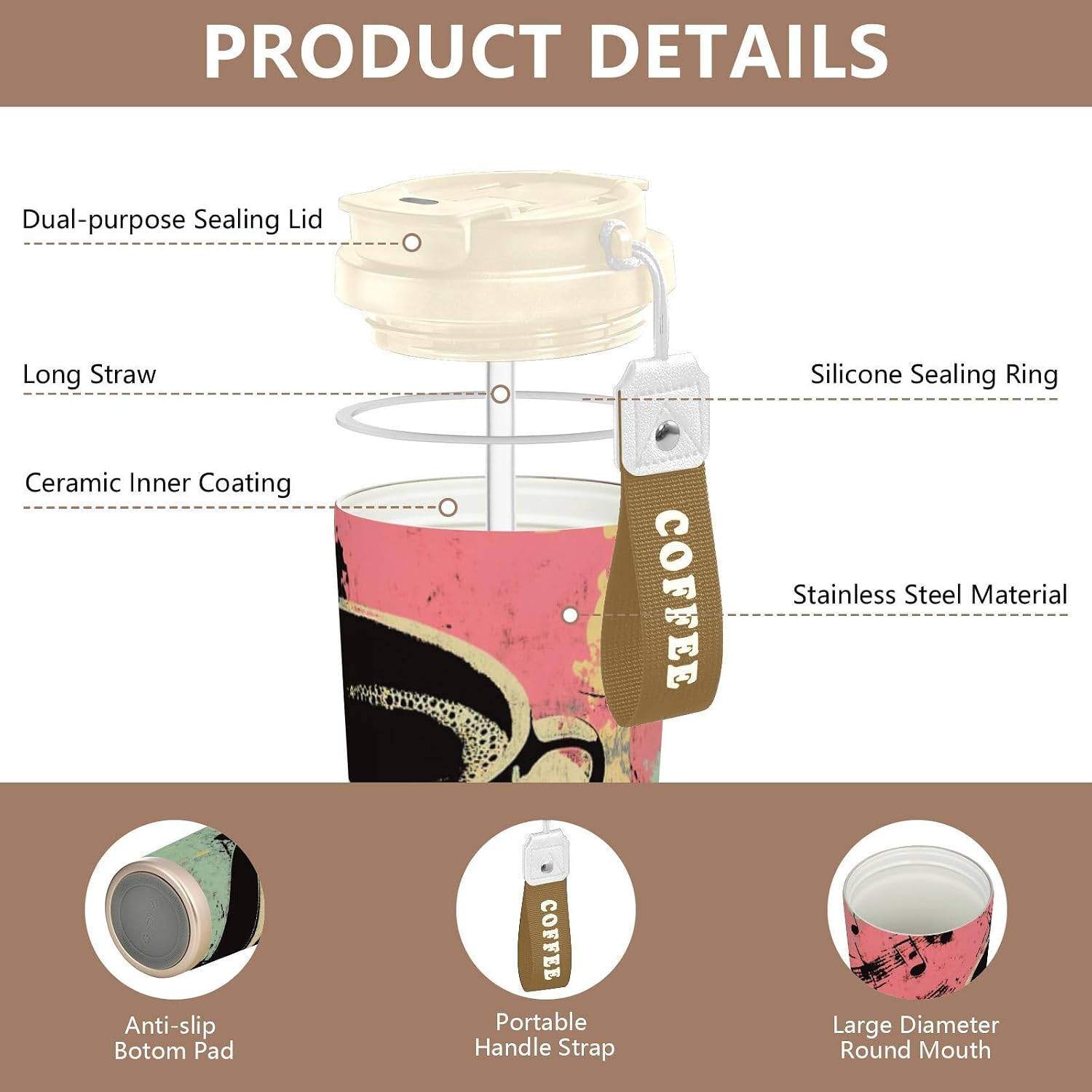 Insulated Coffee Mug Coffee Cup Art with Straw & Flip Lid, 16.9oz Iced Tumbler Cup, Double Wall Vacuum Mug for Travel Office Camping