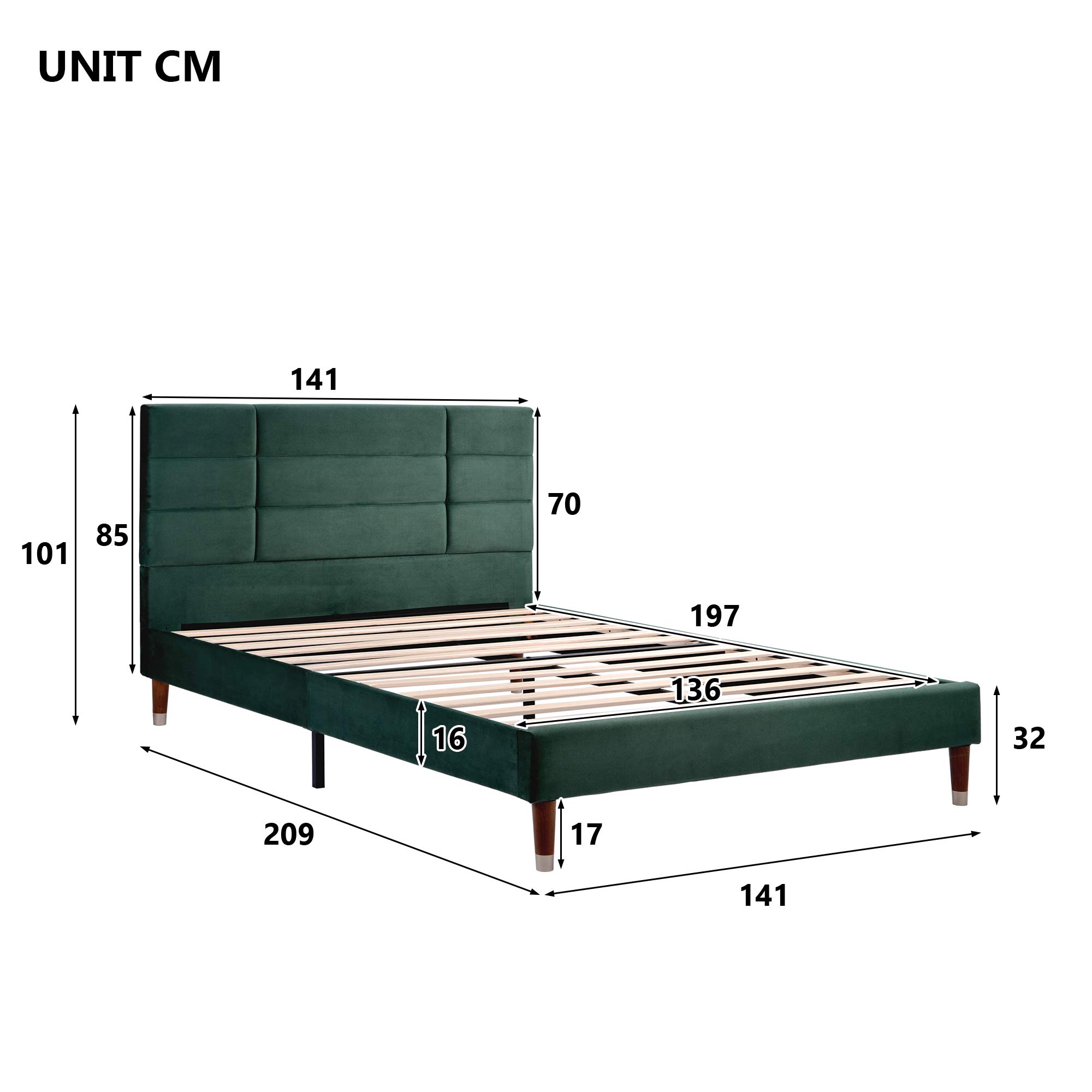 ModernLuxe Cama doble tapizada con cajón y somier, 140 x 200 cm, estructura acolchada con cabecero en terciopelo verde oscuro para adultos y jóvenes (colchón no incluido) (verde oscuro)