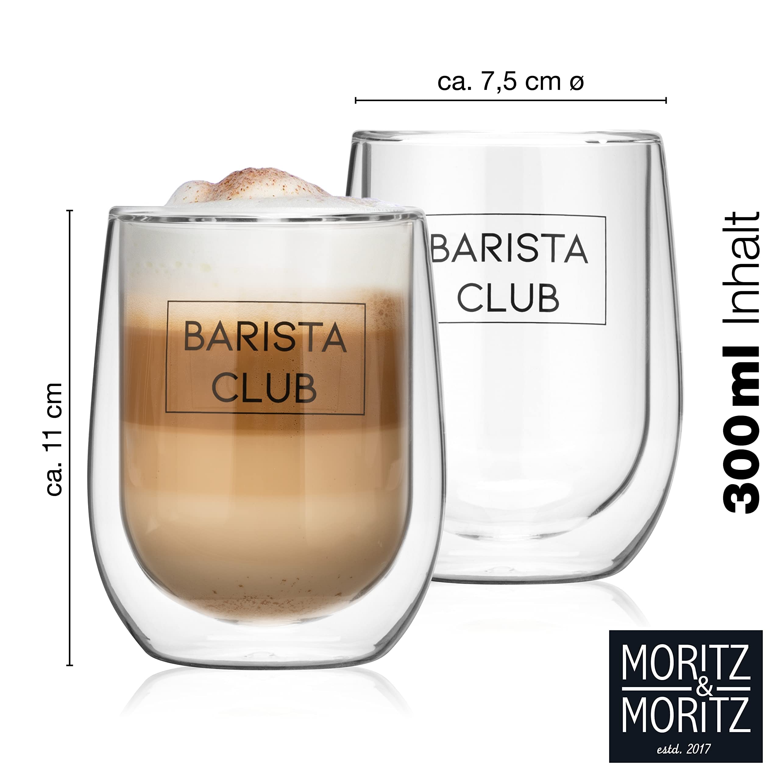 Moritz & Moritz Barista 2 x 300 ml koffieglazen, dubbelwandig, dubbelwandige glazen voor koffie, thee of dessert, vaatwasmachinebestendig