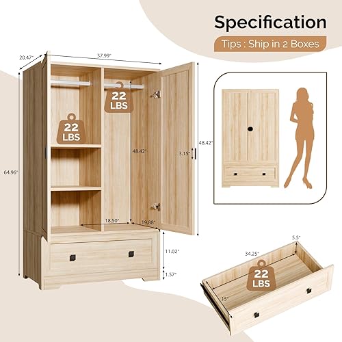 Vista 2 de VINGLI Armario Ropero con Puertas, Barra para Colgar, Estantes y Cajón - Mueble Independiente para Dormitorio, Dormitorio Estudiantil - Roble, 38