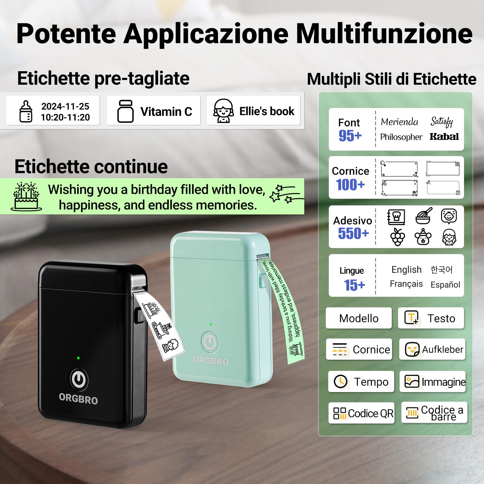 ORGBRO X1 Etichettatrice Termica Portatile Bluetooth - Mini Stampante per Etichette Adesive Senza Inchiostro/Cartucce con 1 Rotolo Incluso, Compatibile con iOS/Android per Casa, Ufficio (Nero)