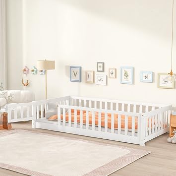 PVWIIK Twin Size Floor Bed with Fence and Door and Slats,Rubber Wood Safety Guardrails Floor Bed for Boy,Girl,Kids,Easy Assemble Bedframe,White