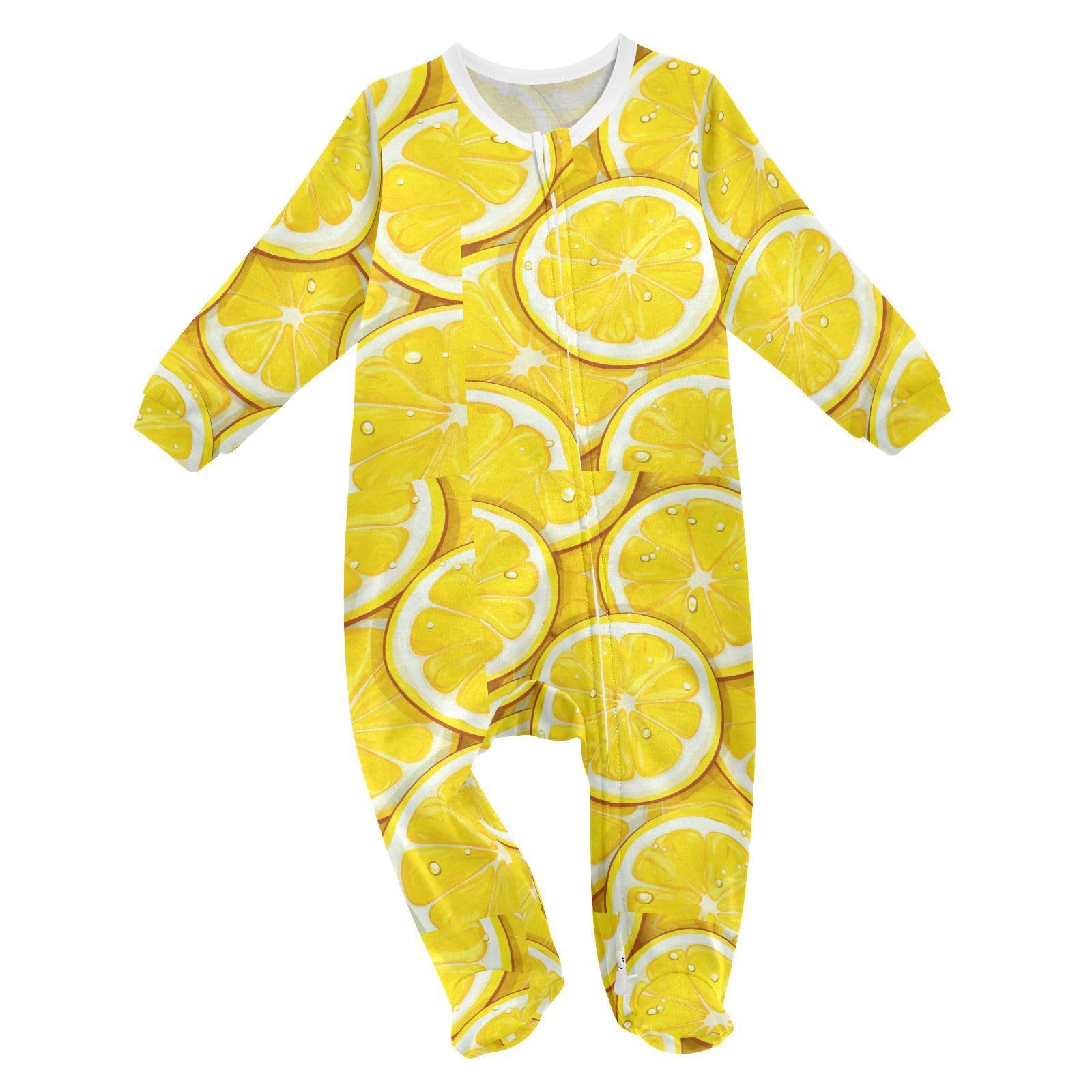 J JOYSAY Vintage Yellow Lemons Leaves Baby One-Piece Footies Cotton Newborn Footies One-piece Zip Front Romper for Girls Newborn 24M