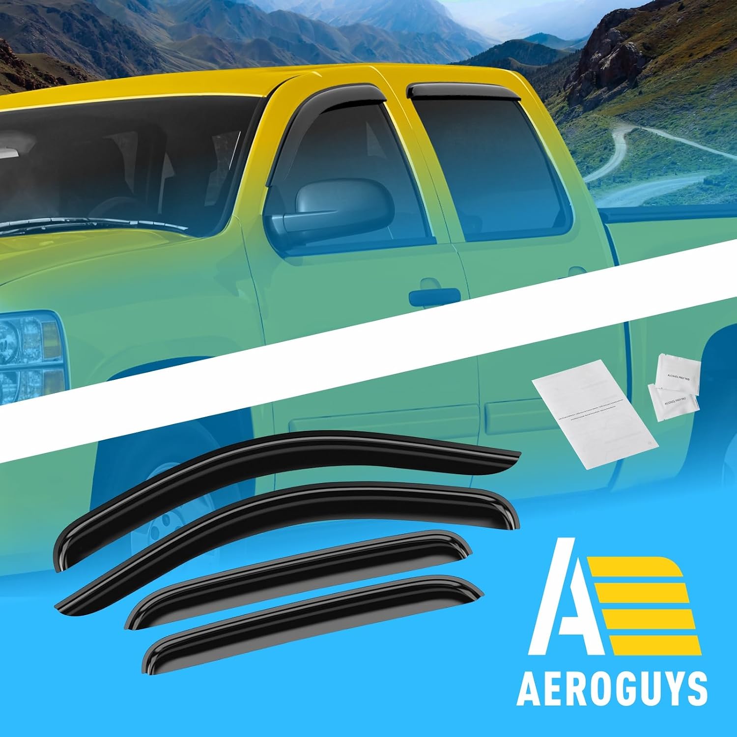 Extra Durable Window Deflectors Tape-On Window Visors Rain Guards Fit for Chevrolet (Chevy) Silverado/GMC Sierra 2007-2013 Crew Cab, Sun Visors, Wind Vent for Shades, Car Accessories - 4 pcs. AG0012