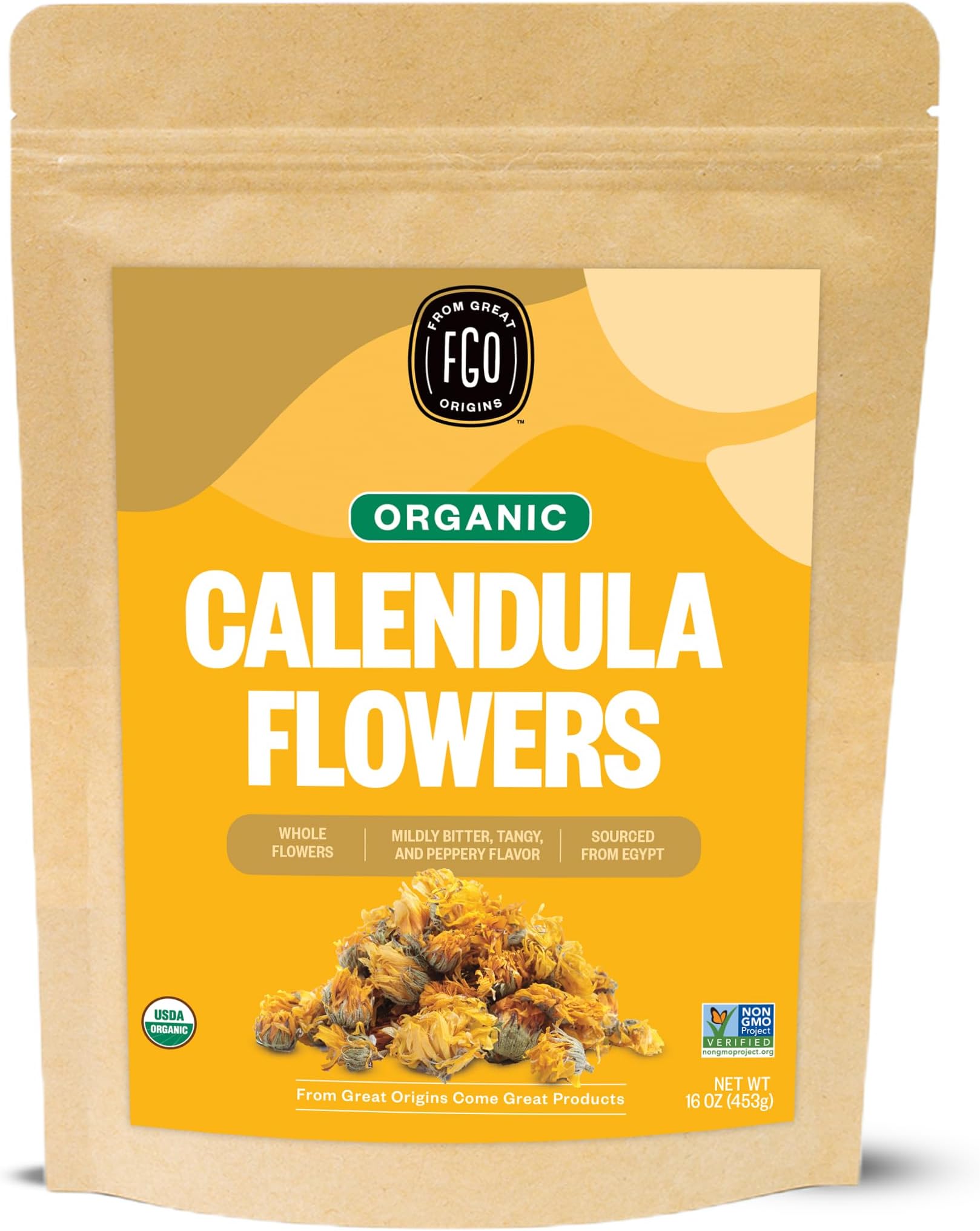 FGO Organic Calendula Flowers, Whole, Imported Calendula Officinalis From Egypt, 16oz Bulk Resealable Pouch, Packaging May Vary (Pack of 1)