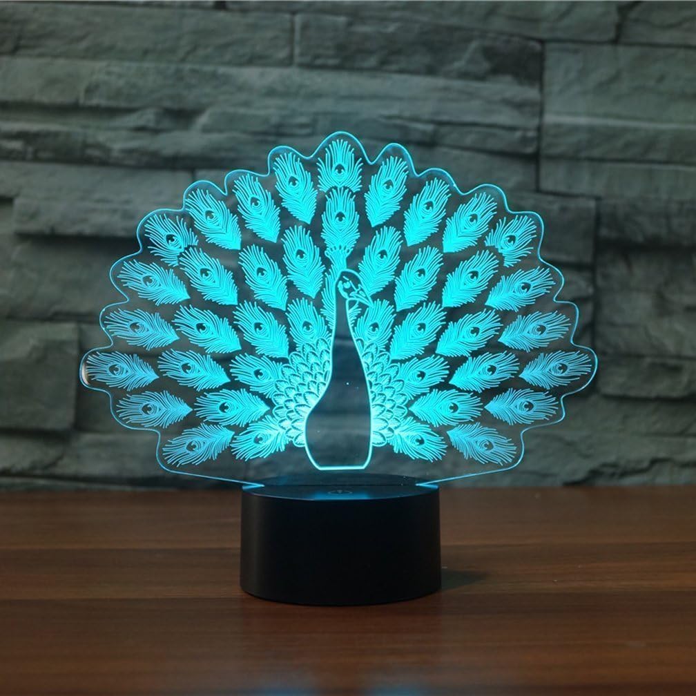 LED Night Light,WONFAST 3D Visualization Amazing Optical Illusion 7 Color Changing Touch Button USB Powered Home Decor Lamp Desk Lamp Gift for Kids Christmas (Peacock)