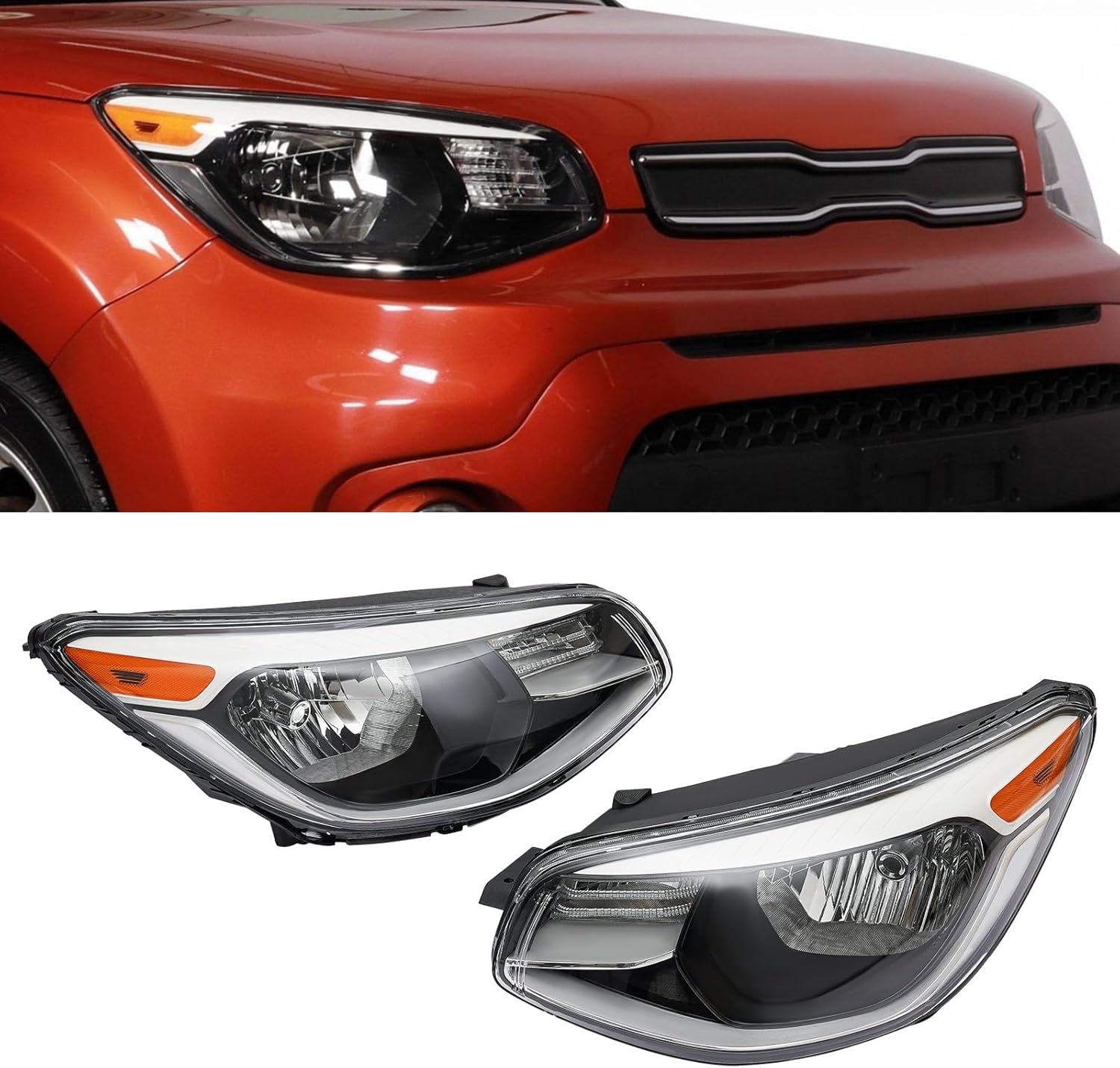 For Kia Soul 2014-2019 Front Halogen Headlight Assembly, Left+Right Driver & Passenger Side Head Lights Clear Lens, High Brightness Headlight Assembly Set Direct Replacement Headlamps (Left+Right)