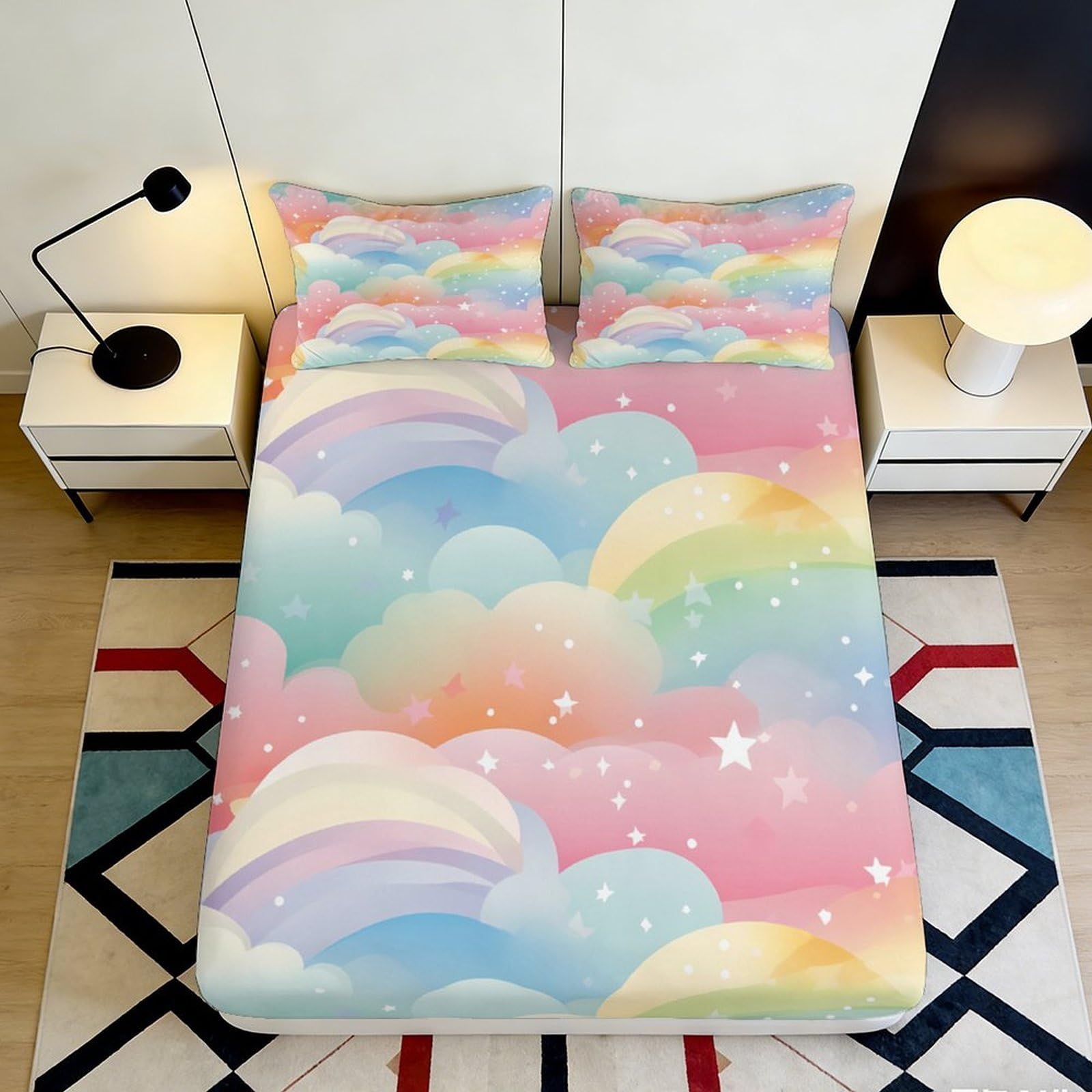 3D Printed Rainbow Clouds Fitted Sheet Microfiber Soft Breathable Starry Sky Bed Cover for Bedroom Dormitory Guest Room Mattress Protection Decor 140x200x25cm