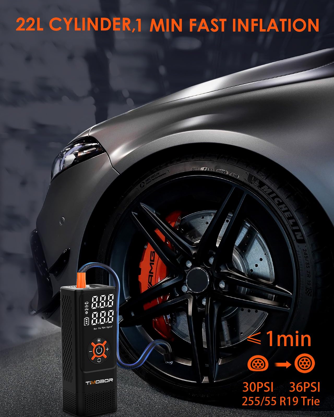 Reifenfüller, tragbarer Luftkompressor für Auto/SUV, 60er Luftpumpe für Autoreifen mit mattiertem digitalem Reifendruckmesser, 150 PSI Luftpumpe für Ball, E-Bike, Motorrad, Auto usw. (orange)