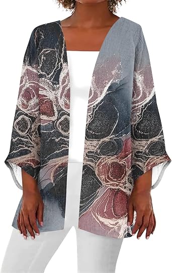 Lightweight Cardigans for Women 3/4 Sleeve Trendy Open Front Cardigan Floral Printed Comfy Dressy Cardigans