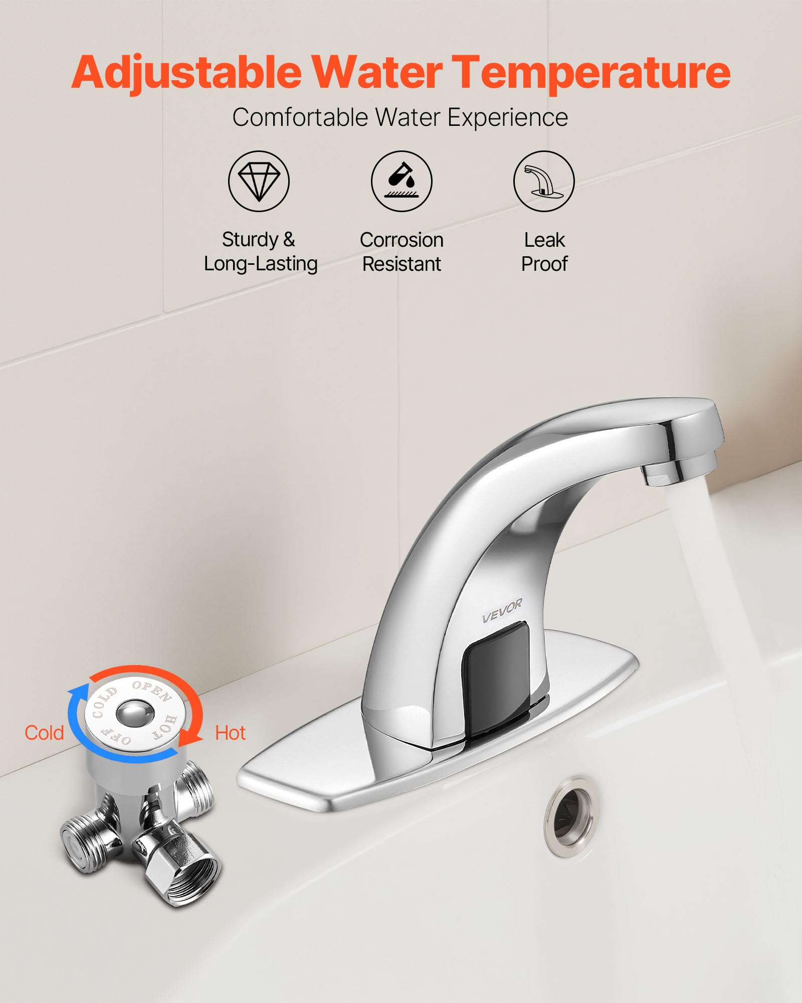 VEVOR berührungsloser Waschtischhahn (verchromtes Silber) Badezimmer, automatische Waschtischarmatur, Sensorhahn mit Lochabdeckung, batteriebetriebener Wasserhahn Toilettenhahn Waschbeckenarmatur