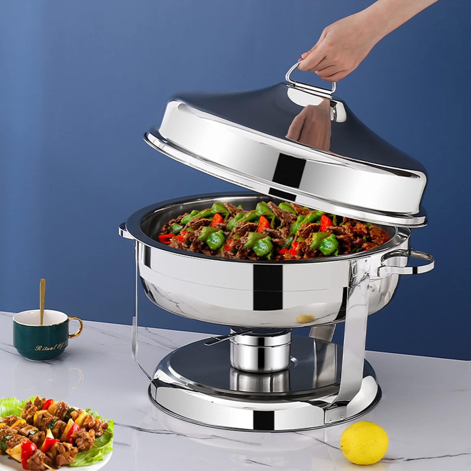 Juego de platos de acero inoxidable con cubierta para colgar, incluye bandeja para alimentos, bandeja de agua, soporte de combustible, ideal para catering, fiesta, boda, equipo de buffet