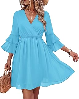 Womens 3/4 Ruffle Sleeve Spring Summer Casual V Neck Flowy Chiffon Layers Dresses