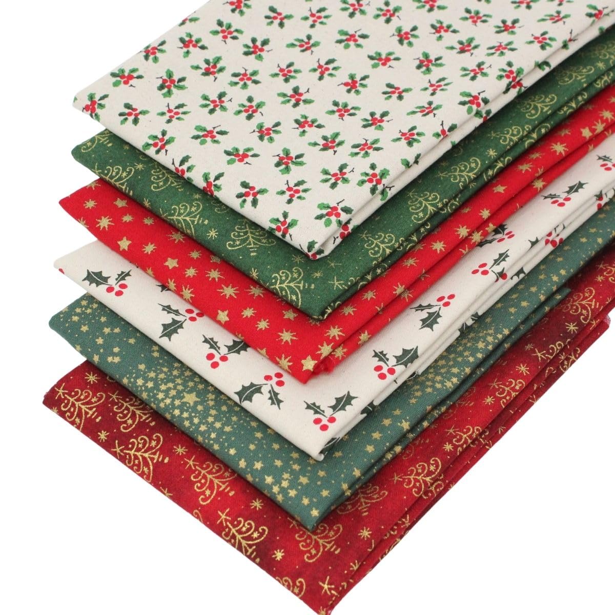 6 Fat Quarters Bundle - 'Ditsy Christmas' Small Scale Xmas Designs in Red & Green on a Natural Background. 100% Cotton Ideal for Quilting & Crafting (with Free Patchwork Pattern by Overdale Fabrics)