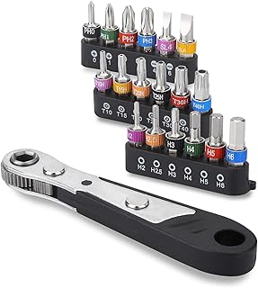 DerBlue 19pcs S2 Micro Ratchet Wrench Screwdriver Bit Set with Phillips,Slotted,Hexagon and Torx 1/4" Drive Size,Reversible Drive Handle and Multi Bits Set