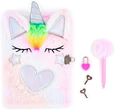 VOTUM Pink Unicorn Secret Diary Set Bound Journal with Fluffy Pen, Lock & Key Cute Furry Notebook for Girls, Kids, and Creative Writing