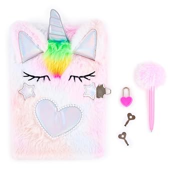 VOTUM Pink Unicorn Secret Diary Set Bound Journal with Fluffy Pen, Lock & Key Cute Furry Notebook for Girls, Kids, and Creative Writing