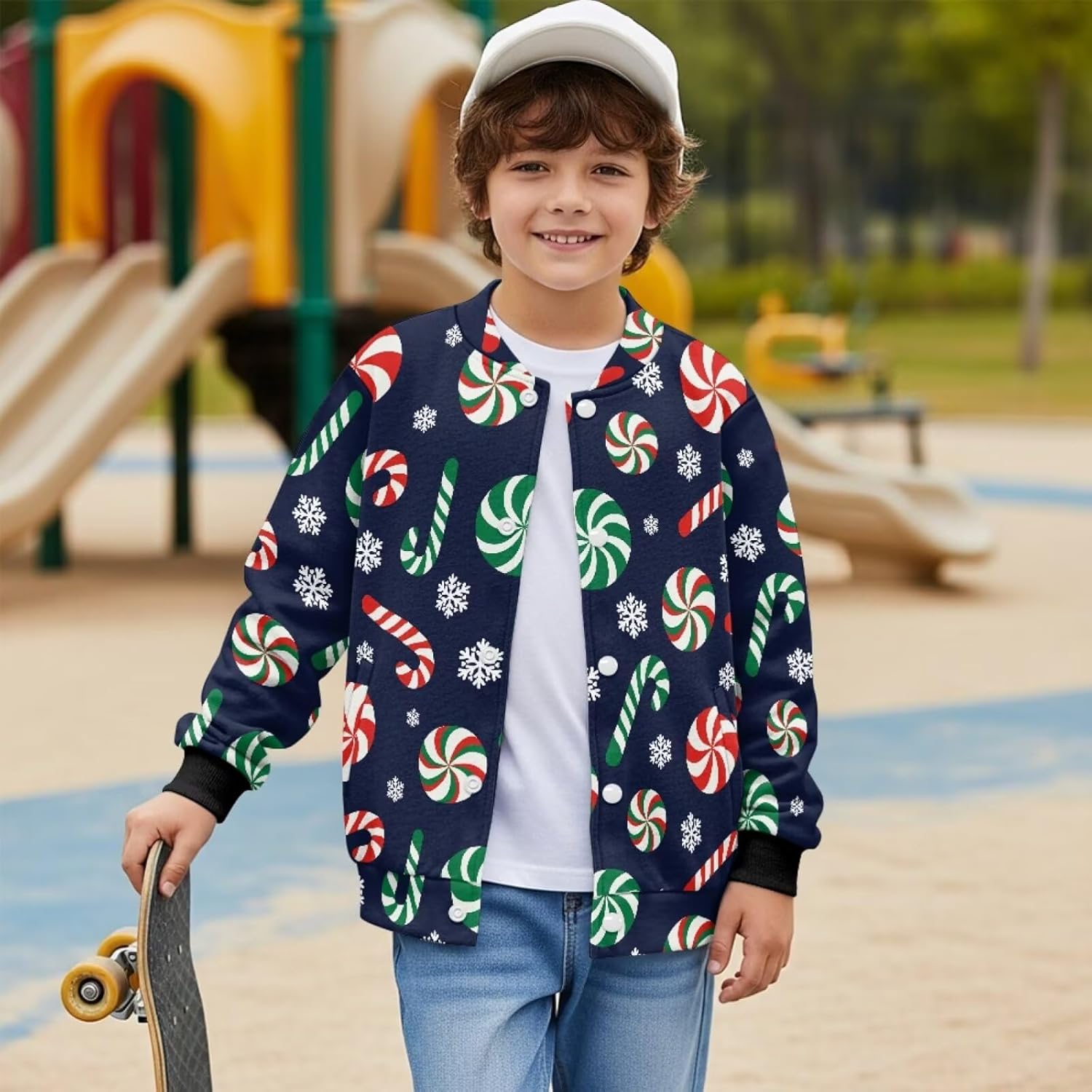 Christmas Kids Varsity Jacket Girls Boys Baseball Jacket Bomber Coat School Uniform with Pocket