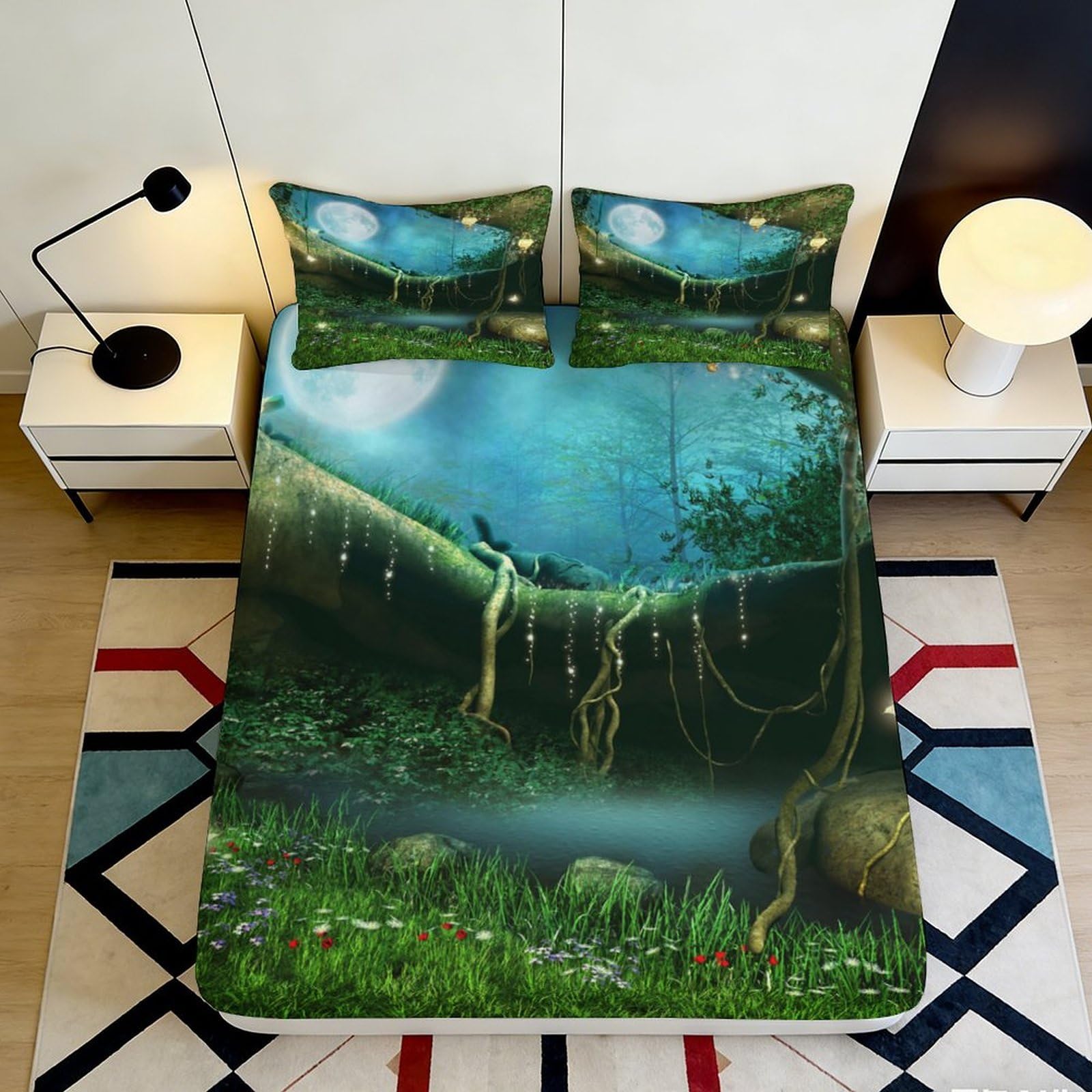 3D Printed Enchanted Forest Fitted Sheet Microfiber Soft Mossy Waterfall Mattress Cover Bedroom Decor 90x200x25cm