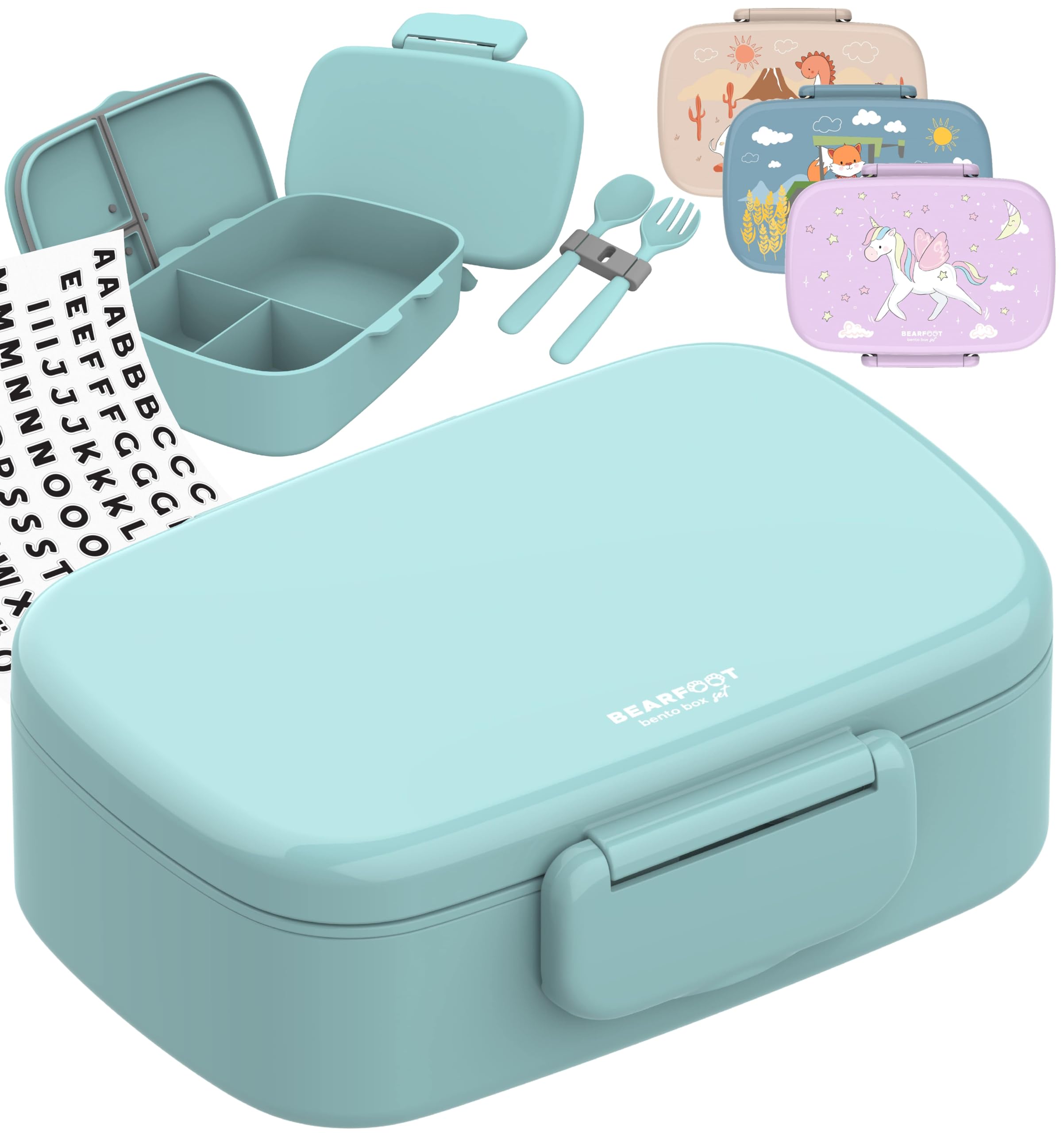 BEARFOOT Brotdose Kinder mit Fächern, BPA frei, Lunchbox, Bento box, Brotbox, Brotdose Mädchen & Jungen, Snackbox, 100% auslaufsicher, Vesperbox für Kindergarten, Schule (Mint)