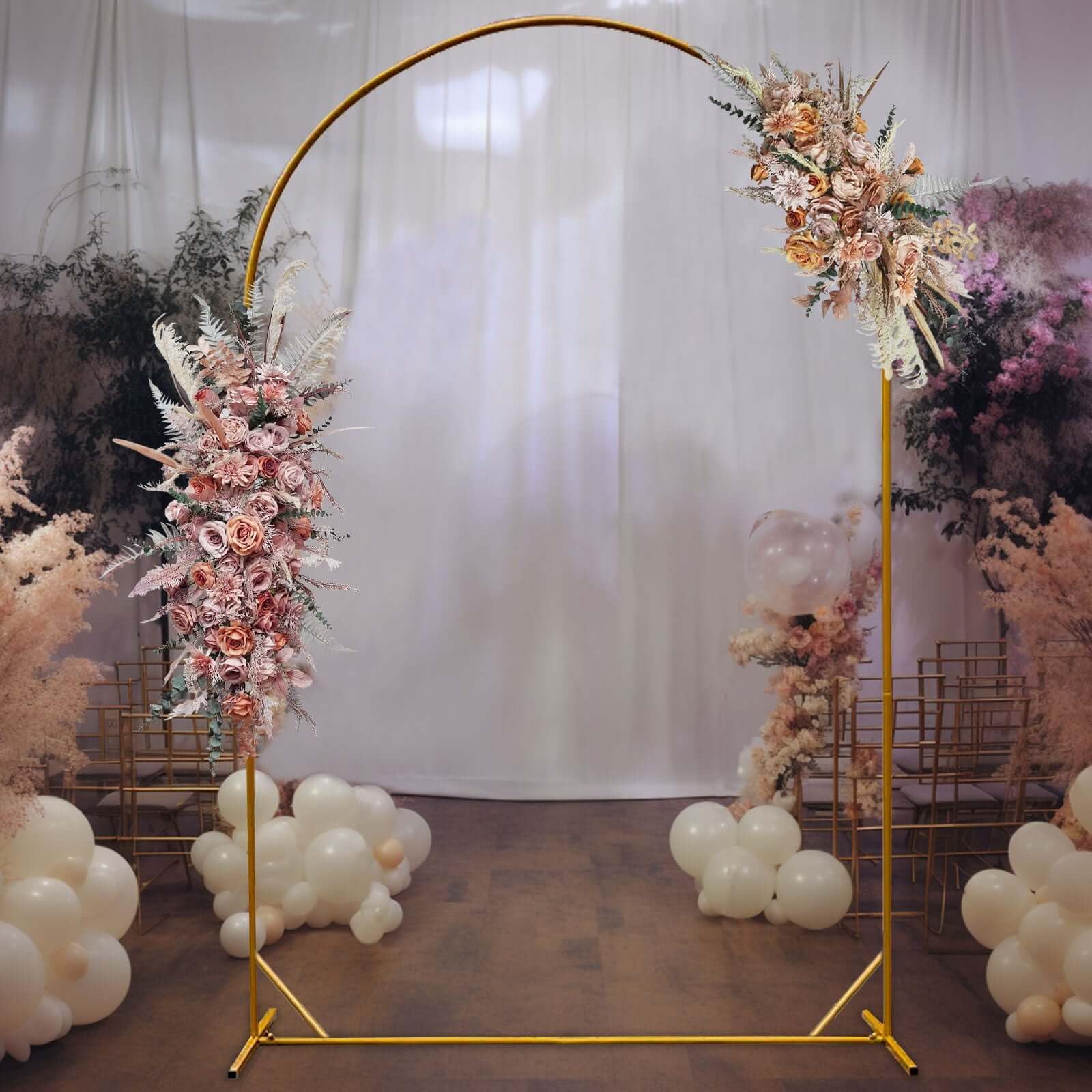 Tableclothsfactory 8ft Gold Metal Wedding Arch Chiara Backdrop Stand Floral Display Frame with Round Top
