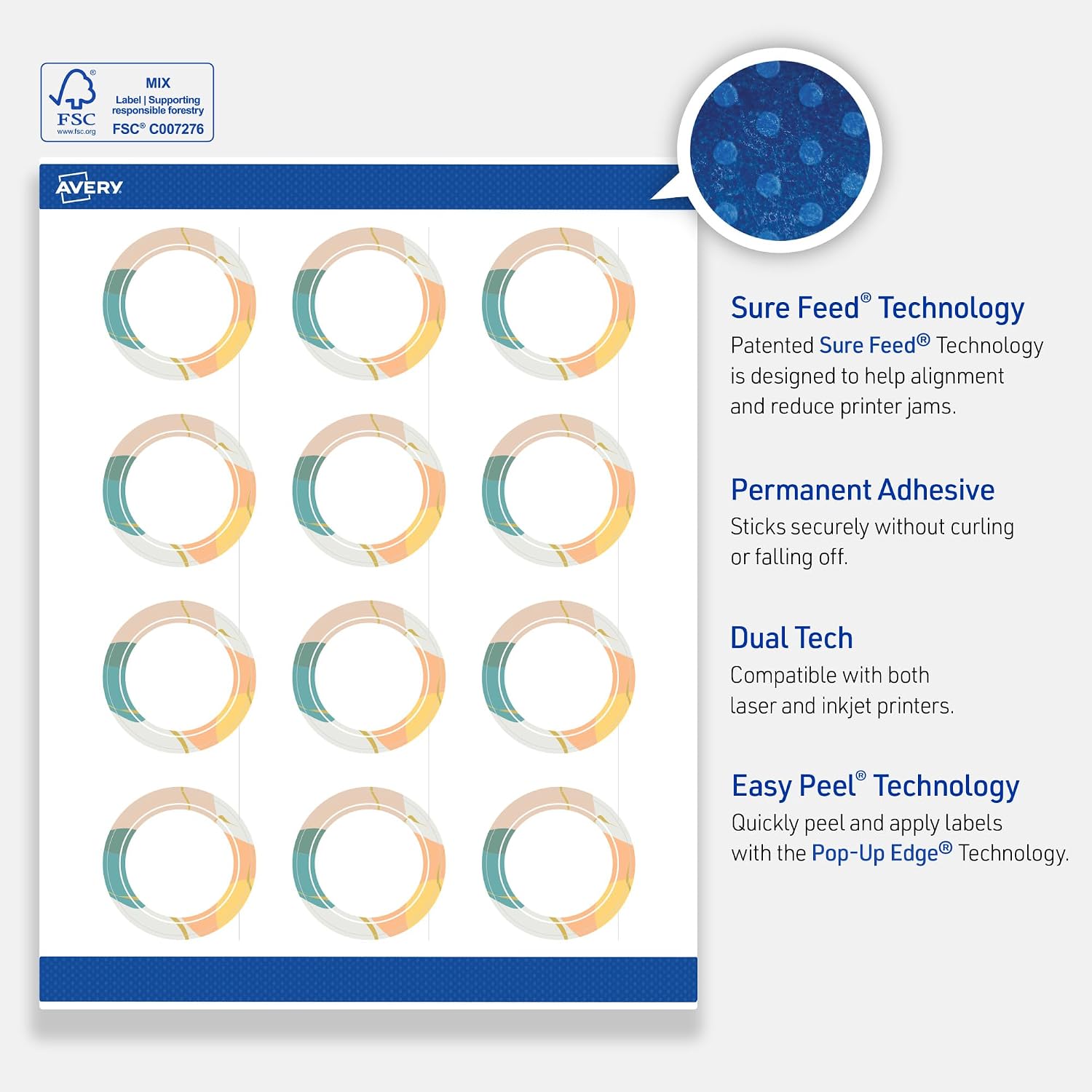 Avery Printable Round Labels, 2" Diameter, Matte White, Pre-Printed Color Block/Metallic Gold Veins Design, Sure Feed Technology, Laser & Inkjet Compatible, 240 Total