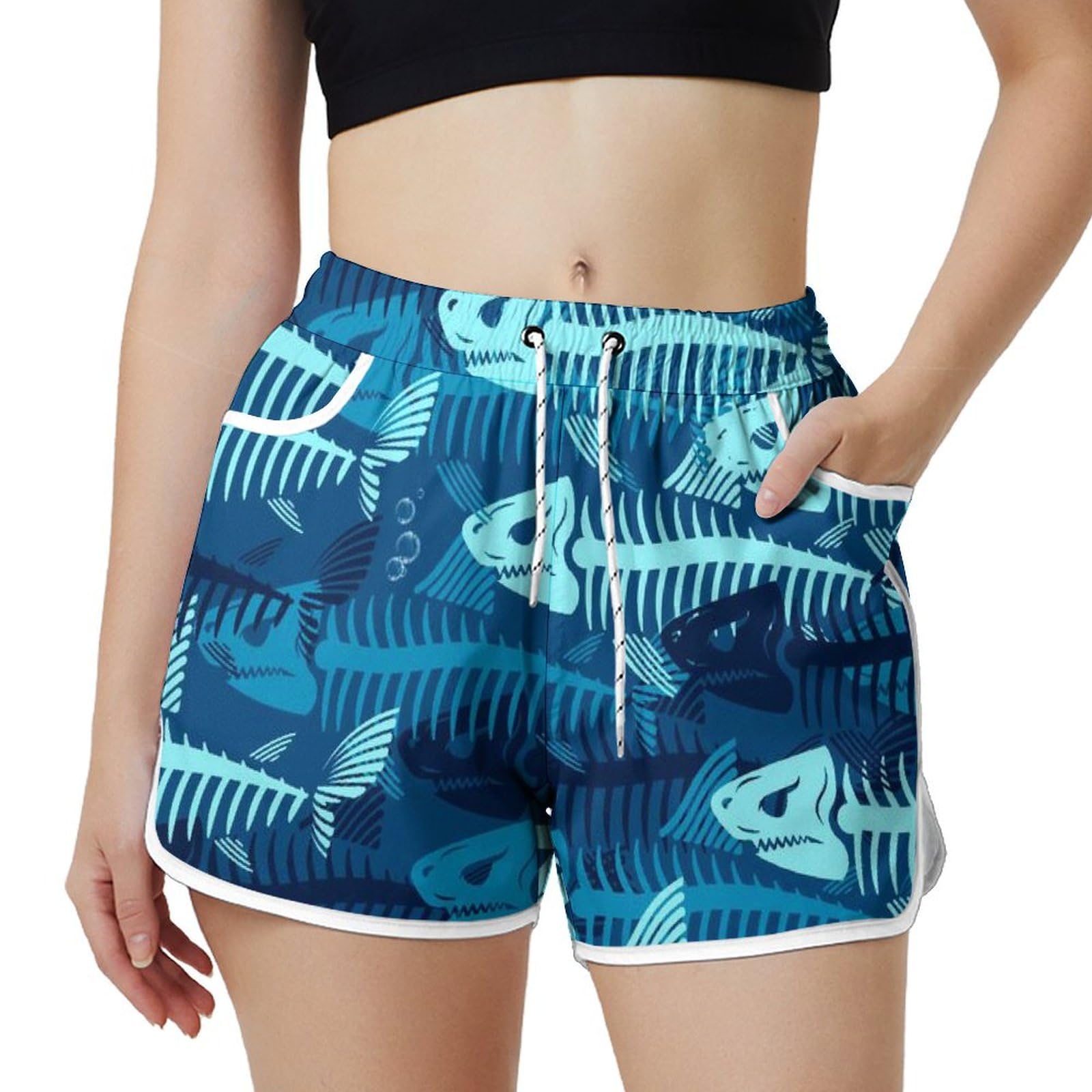 AYUNIX Women's Running Shorts with Pockets Quick Dry Performance Shorts for Women Fish Skull Athletic Workout Gym Shorts White