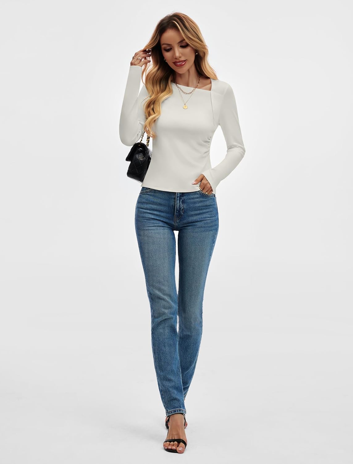 Women's Long Sleeve Asymmetrical Tops Ruched Side Slim Fit Shirts 2025 Fall Fashion Casual Tee Going Out Tops - Image 6