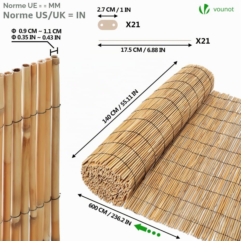 VOUNOT® Canisse en Roseau Renforcée 140x600cm Brise Vue Naturel en Rouleaux avec Attaches de Fixation Protection Contre Regards Clôture Extérieure Décorative pour Jardin Terrasse et Balcon