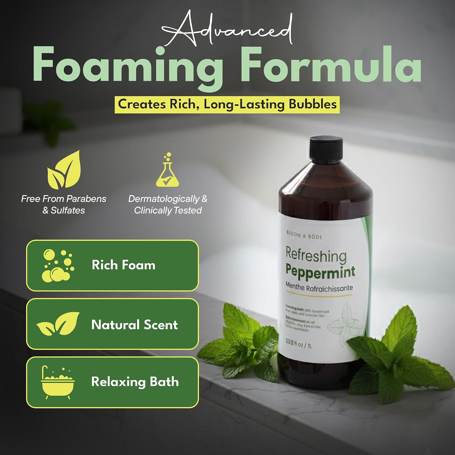 Luxury Foaming Bath - Natural Scented Bubble Bath - with Essential Oils and Epsom Salt - Refreshing Peppermint Scent, 33.8 fl oz / 1L