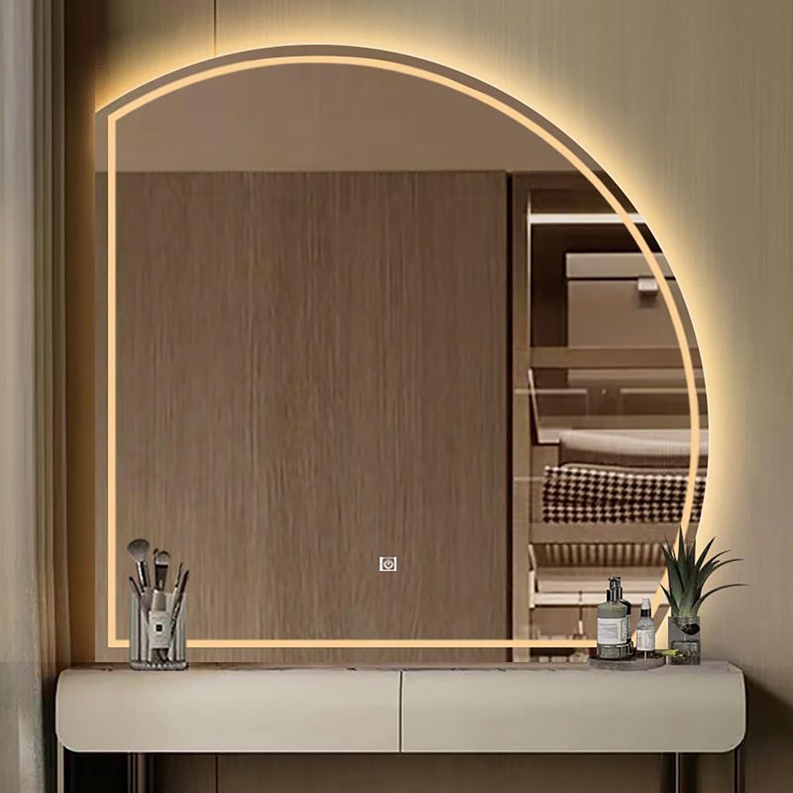 FGXHHS Semi-Circular LED Frameless Illuminated Vanity Mirror with Touch Control, 3 Color Dimmable Lights, HD Glass, Front Lit, Wall Mounted for Makeup and Shaving, 70cm/27.6in
