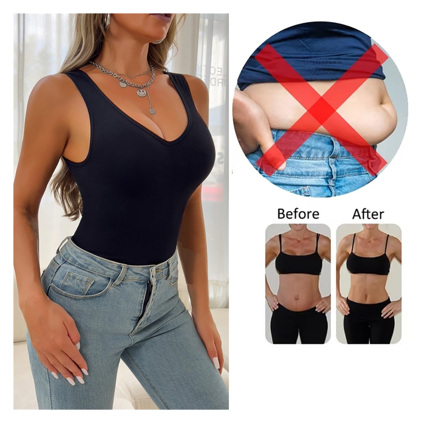 LYGXWJFC Fajas Moldeadoras con Cuello en V para Mujer, Camisola con Control de Barriga, Ropa Interior Adelgazante S-3XL