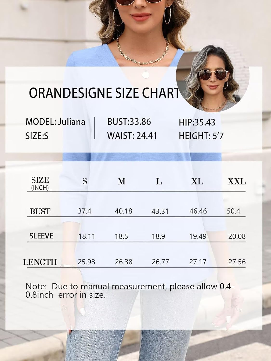 ORANDESIGNE Women's 3/4 Length Sleeves V Neck Tops Shirts Basic Summer Ladies Tees - Image 6