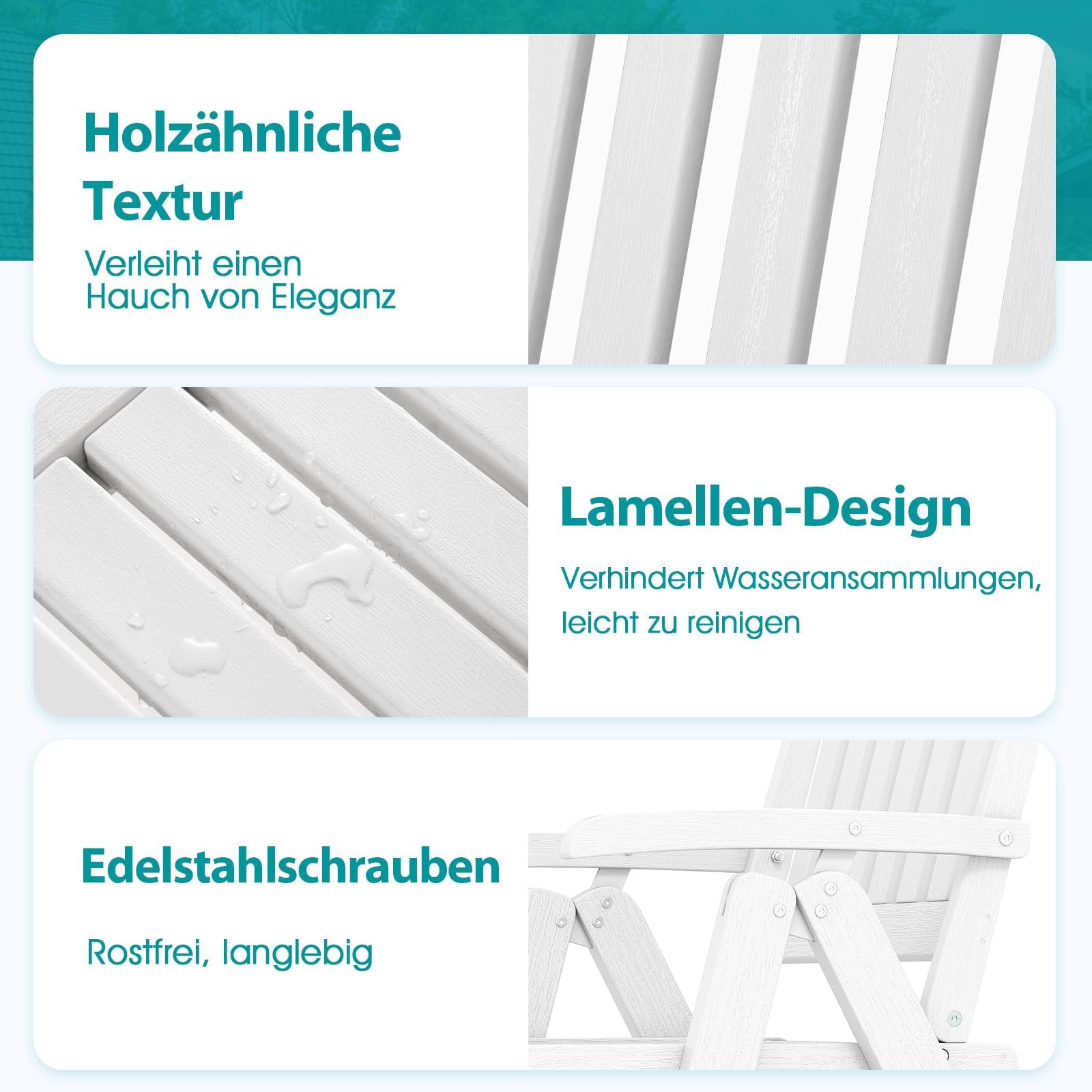 FANTASK Sedia da balcone in plastica effetto legno pieghevole 150 kg bianco