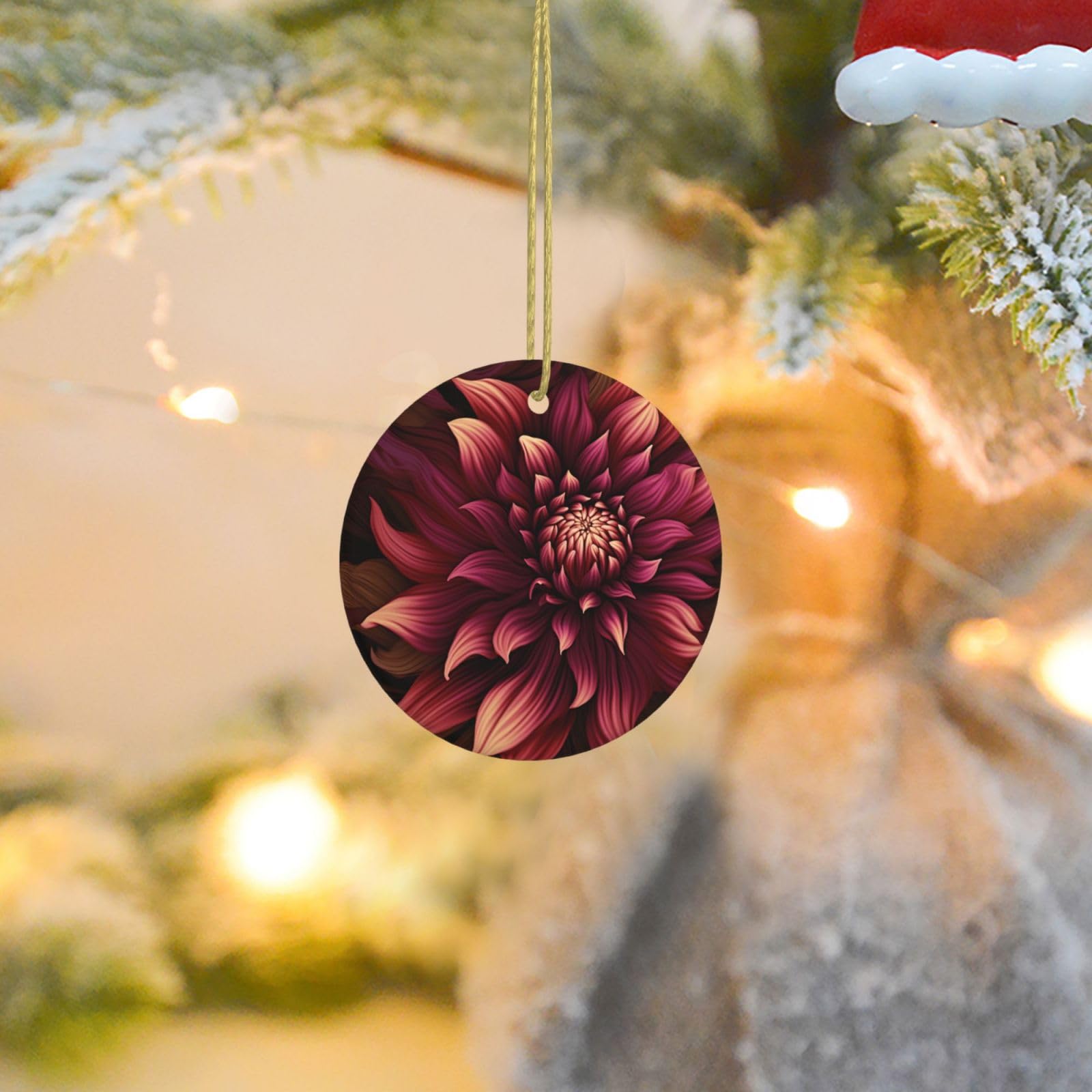 Christmas Ornaments for Christmas Tree Decoration Ceramic Hanging Wine Red Artistic Flower Ornament with Gold Ribbon Crafts Round Pendant for Keepsake Gifts Glass Xmas Decor Party Supplies