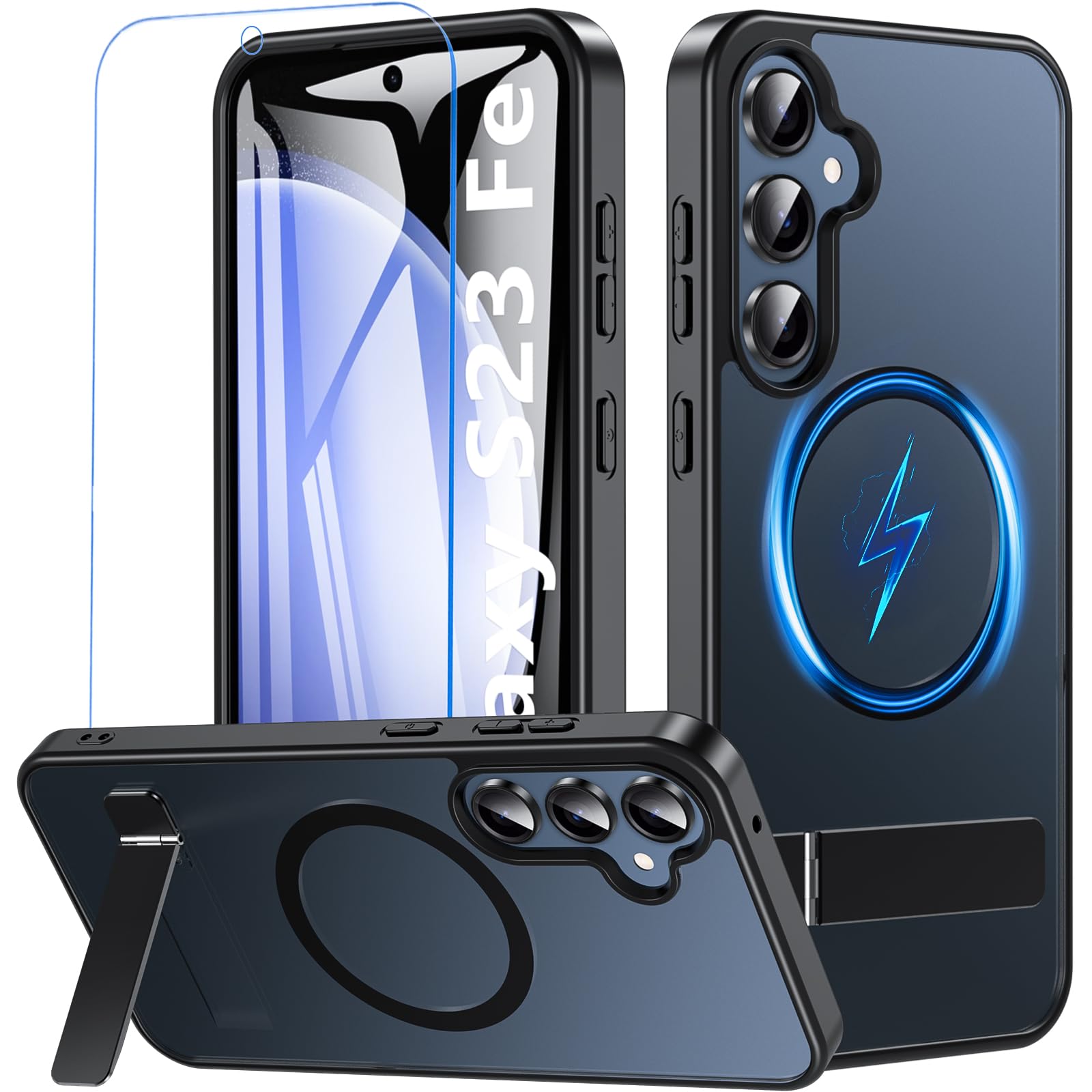 Photo 1 of OWKEY Magnetic for Galaxy S23 FE Phone Case with Adjustable Kickstand & Screen Protector, Samsung Galaxy S23 fe Case, Shockproof Military Grade Drop Protection, Translucent Matte Back Case, Black