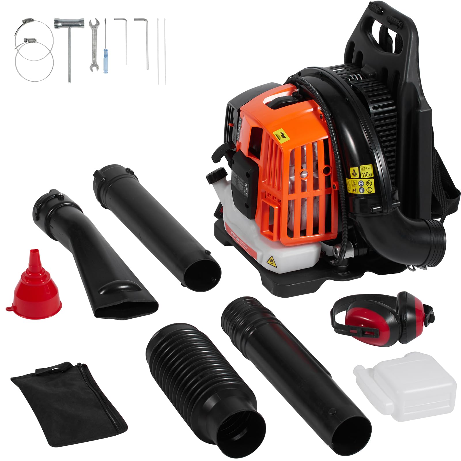 VEVOR Soplador de Hojas de Gas 52 CC Soplador de Nieve de Mochila 2 Tiempos con Tanque de Combustible 1,37 L Volumen de Aire de 480 CFM para Cuidado del Césped, Limpieza de Hojas, Eliminación de Nieve
