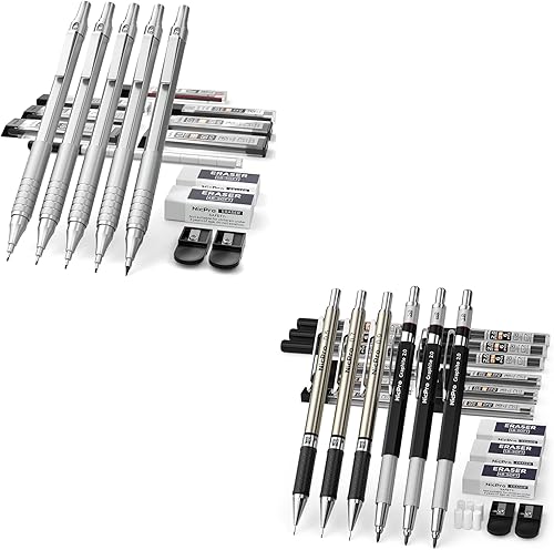 Nicpro Juego de 6 lápices mecánicos artísticos, 3 lápices de dibujo de metal de 0.020 in, 0.028 in, 0.035 in, 3 soportes de plomo de grafito de