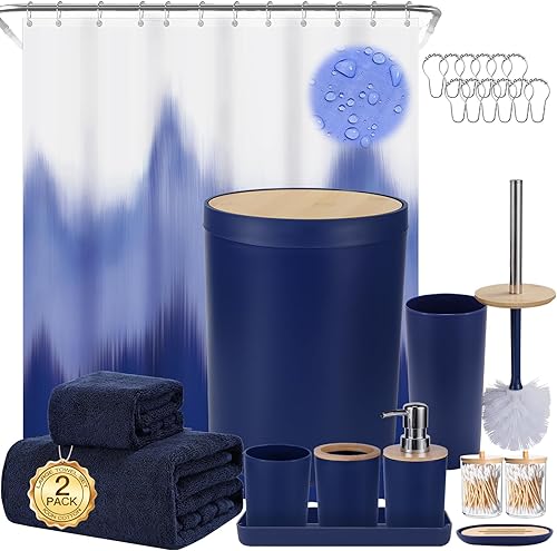 iMucci Accesorios de baño, juego de baño azul marino con cortina de ducha, color azul marino, degradado, impermeable, bosque brumoso, con ganchos de