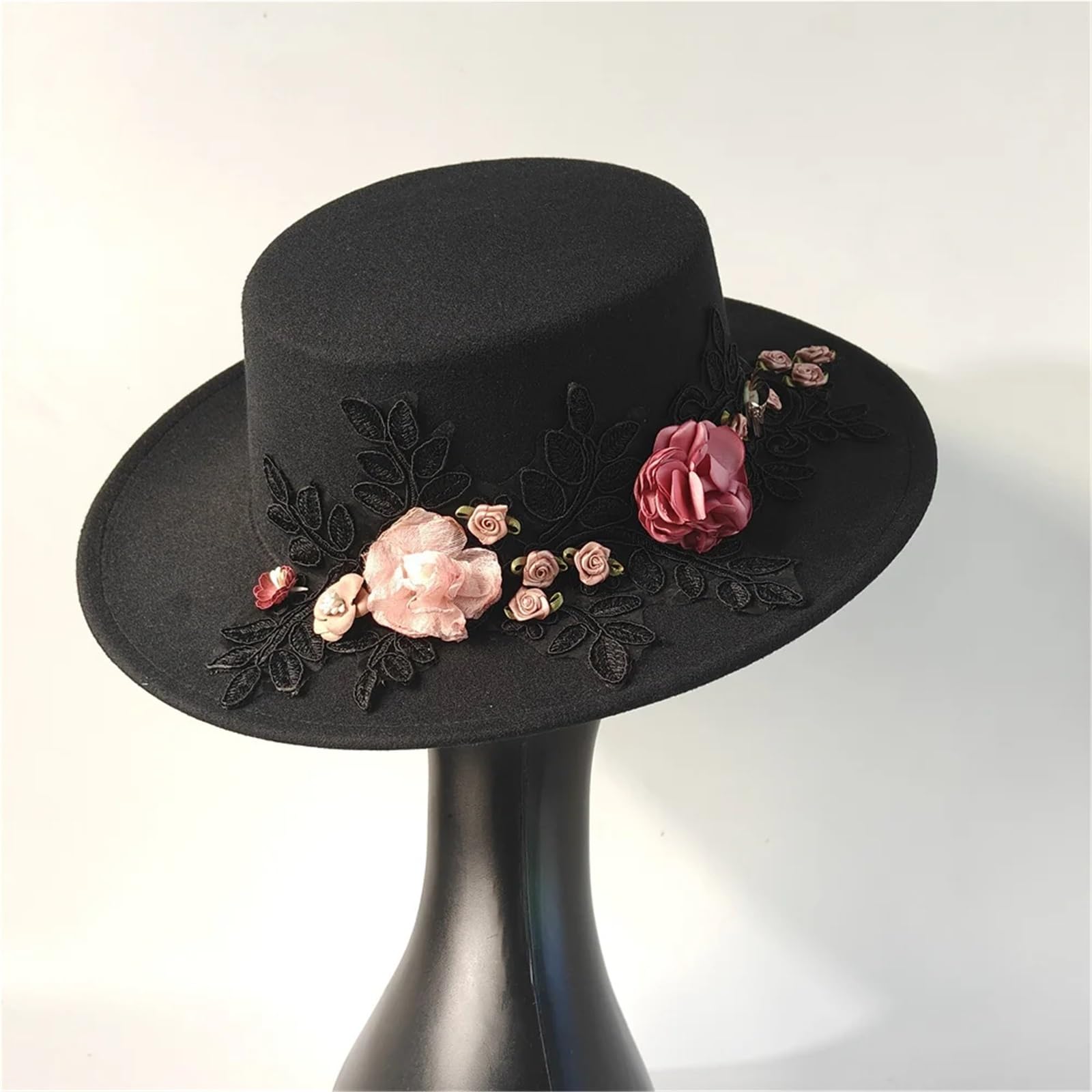 Bombetta Donna Cappello Fedora da Sposa Fiore Autunno Inverno | Cappello a bombetta da chiesa a tesa larga nero da donna con parte superiore piatta Chapeau Femme