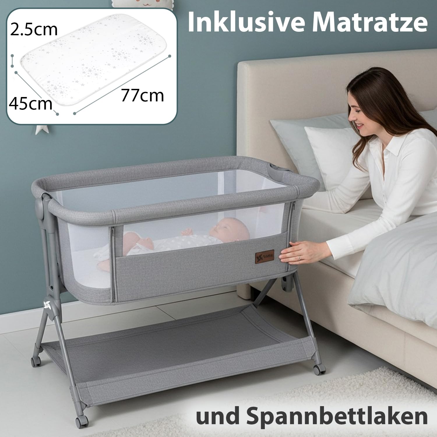 Twinly – Beistellbett Baby Comfortly mit Rollen | Klappbar & Höhenverstellbar (5 Stufen), Atmungsaktiv ab 0+ Monate bis 9 kg, inkl. Matratze, Laken & Tasche – Ohne Montage (Beige) | Höhenverstellbar und Anti-Rückfluss-Funktion, inklusive Matratze, Bettlak