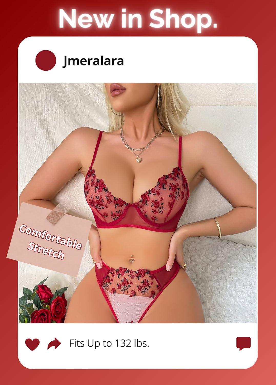 Women's Sexy Lingerie Set, Red Underwire Floral, Lace Bra and Panty 2 Piece Sheer Mesh Lingerie with Push Up - Image 3