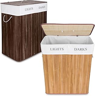 GOODS+GADGETS Wäschekorb aus Bambus, 100 L Wäschesammler Wäschebox 2 Fächer, Wäschesortierer mit Wäschesack herausnehmbar,...