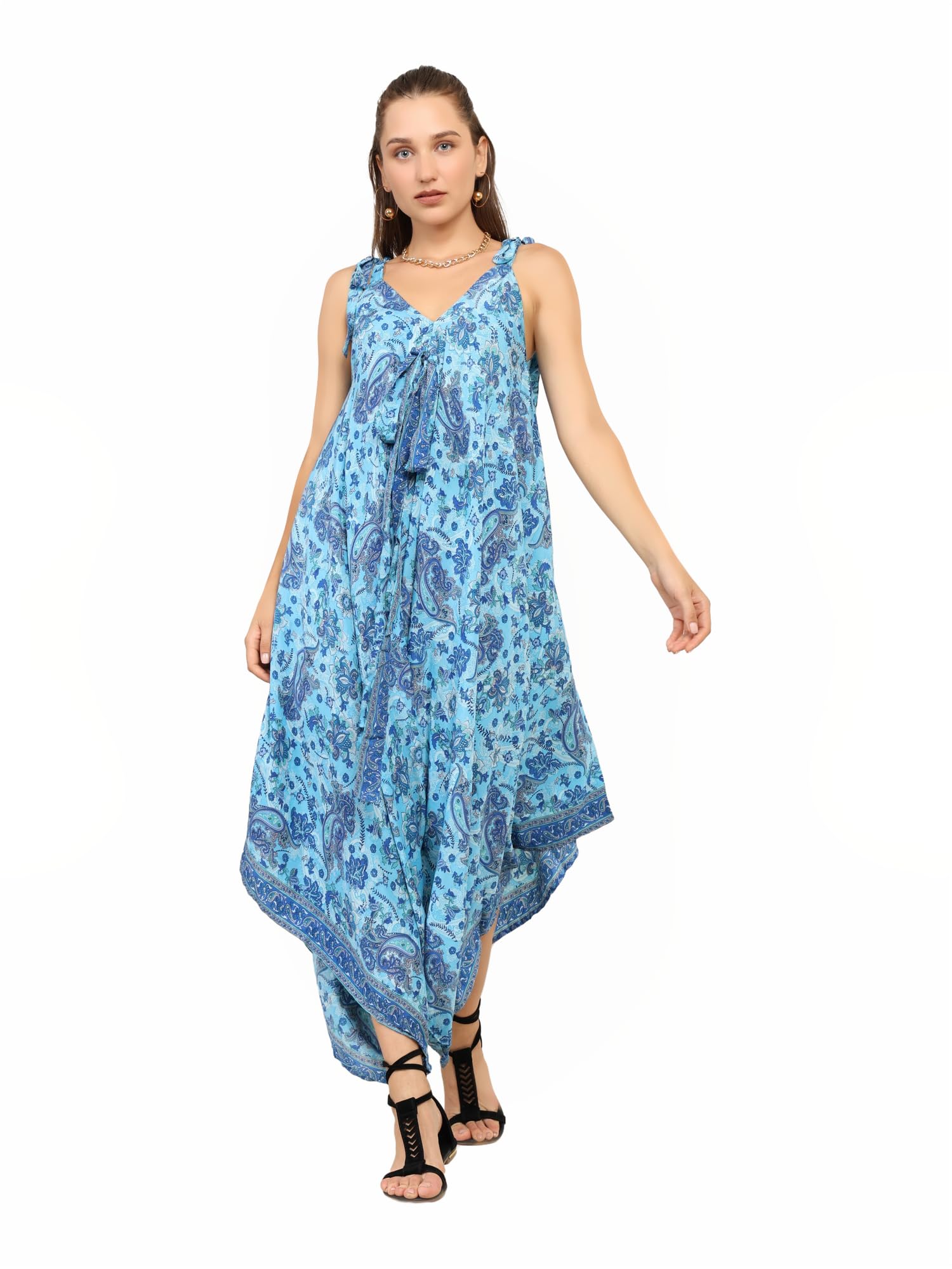 KE Kanha Exports Women's Western Long Jumpsuit – Sleeveless V-Neck, Free Size Flared Tassel Print with Unique Border, Stretchable with Adjustable Drawstring, Perfect for Picnic & Beach (Multicolor)-image-4