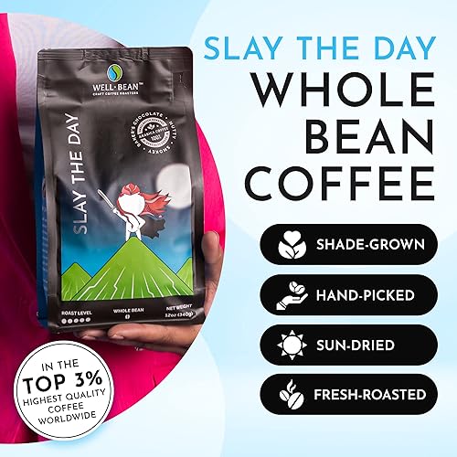 Miniatura 2 de Well-Bean Café - Café en grano entero Slay the Day, café brasileño oscuro, granos de café veganos enteros, sin gluten y apto para Keto, café tostado