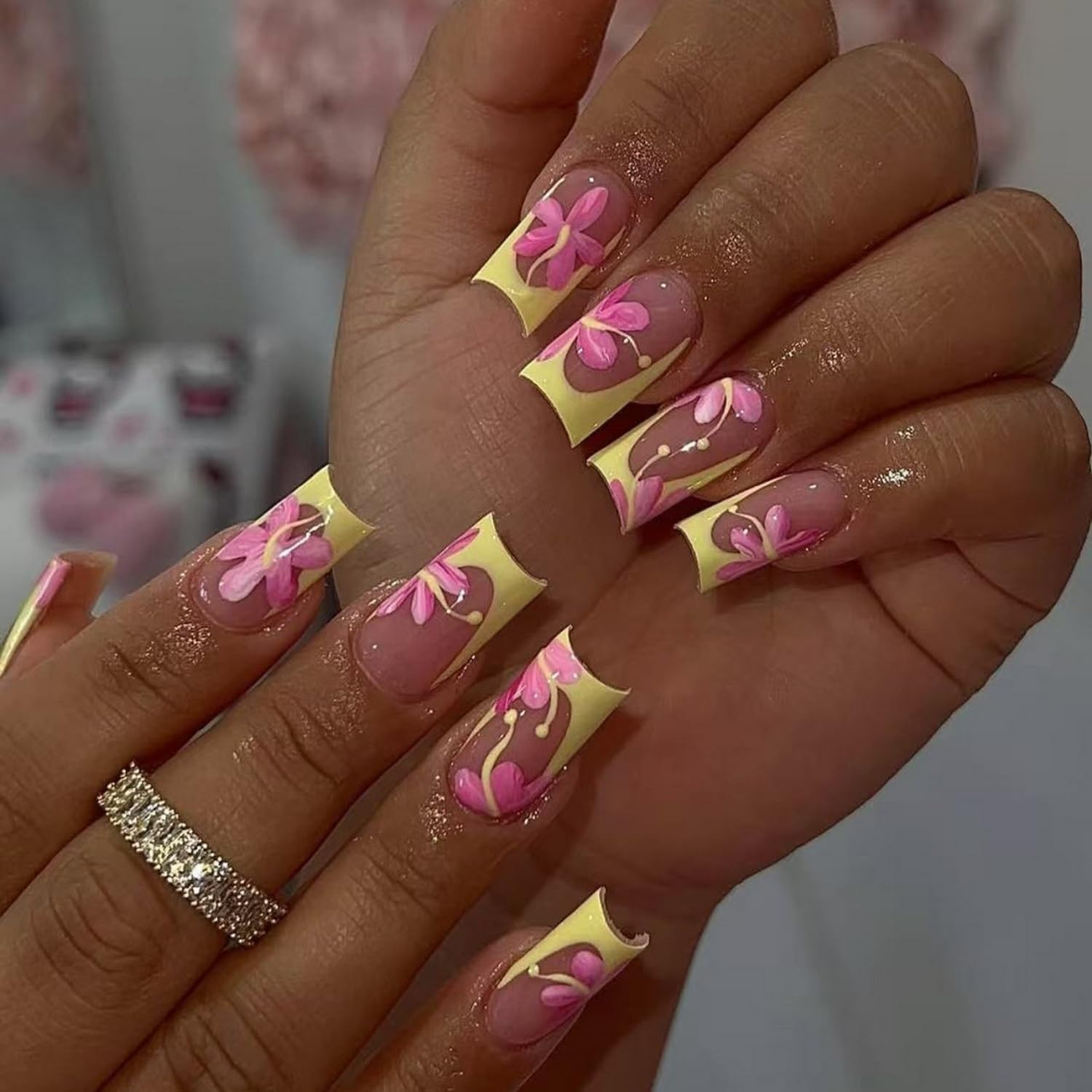 Press on Nails - Yellow Square French Tip with Flowers